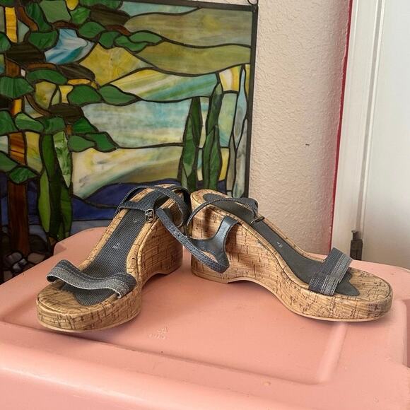 lower east side denim wood platform wedge sandal heels shoes - Picture 1 of 5